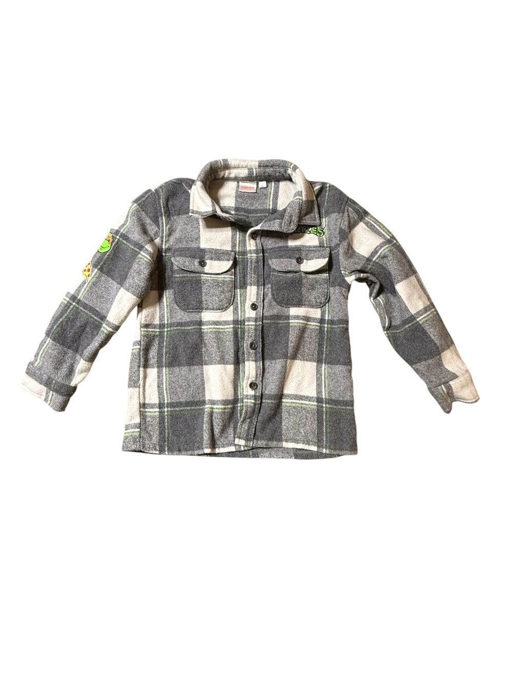 Nickelodeon TMNT Boys Small 6/7 Gray Plaid Flannel Shacket Shirt Pizza Patches